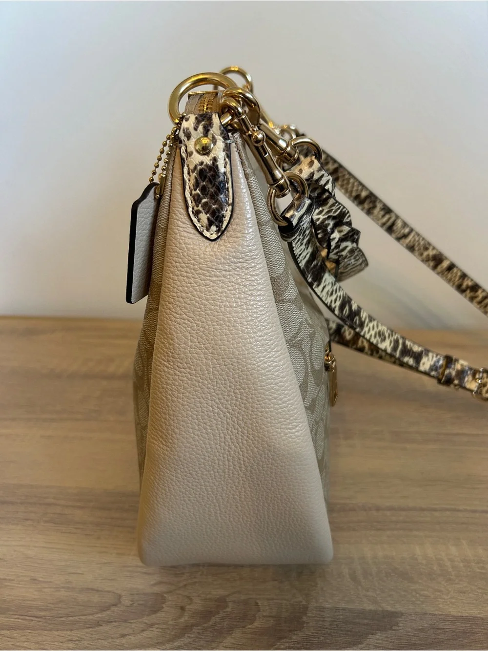Coach Signature Canvas Hobo Bag in Khaki/Chalk with Animal-Print Strap